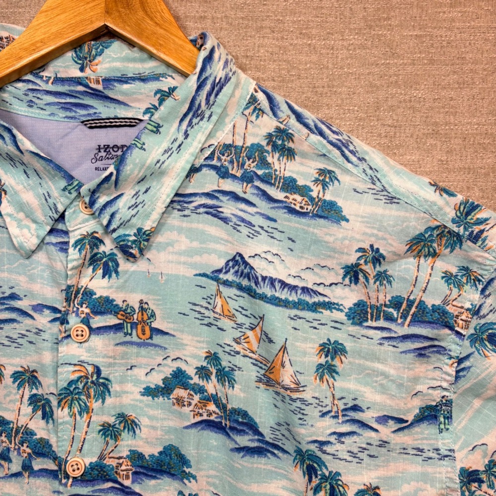 IZOD Saltwater Dockside Chambray Blue Short Sleeve Hawaiin Shirt Men 3XL Relaxed